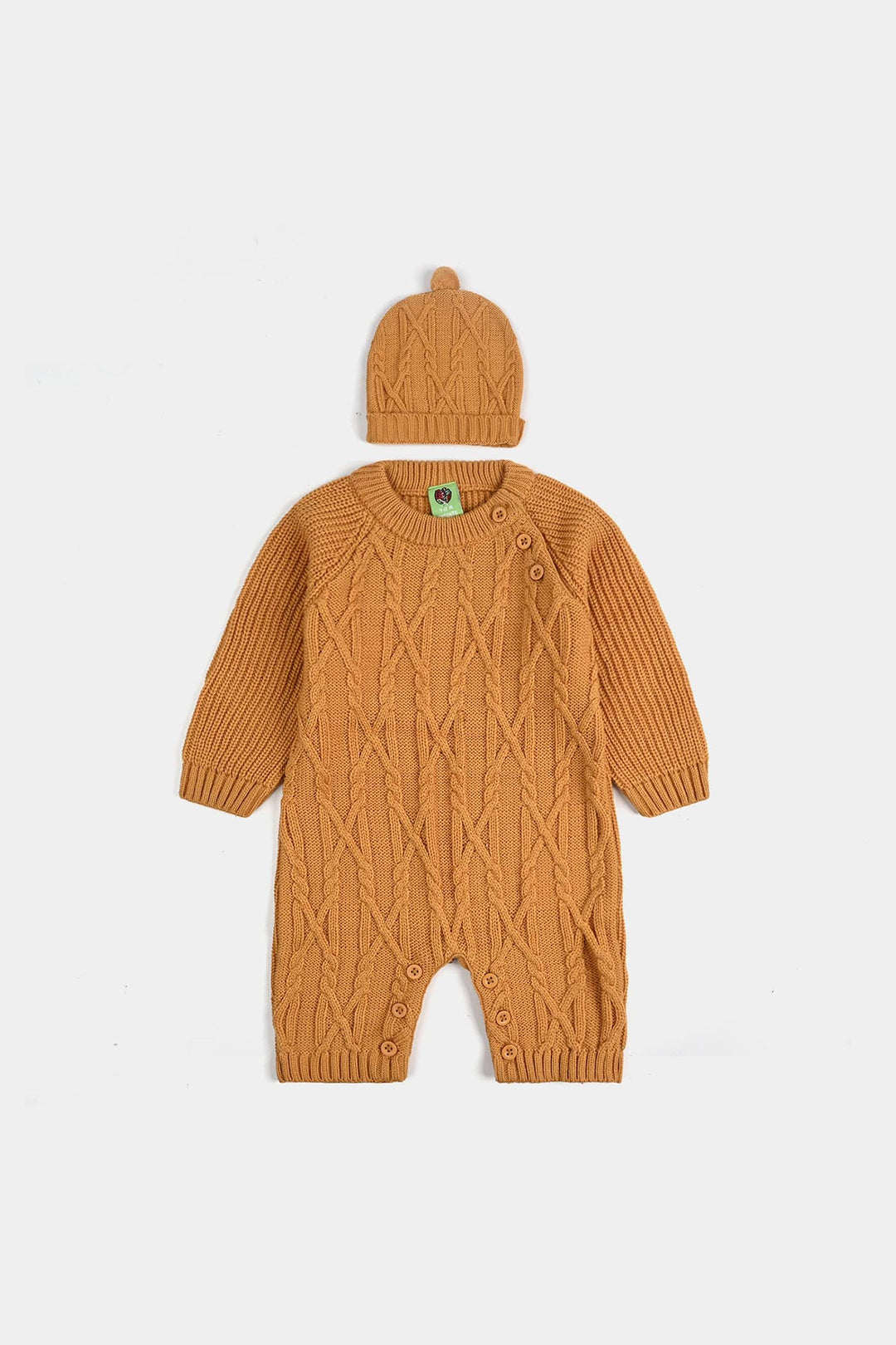 Infant Boys Acrylic Romper W/Cap-Bold Cable-Mustard