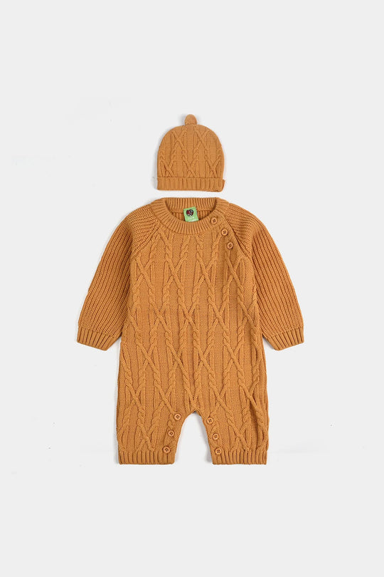 Infant Boys Acrylic Romper W/Cap-Bold Cable-Mustard