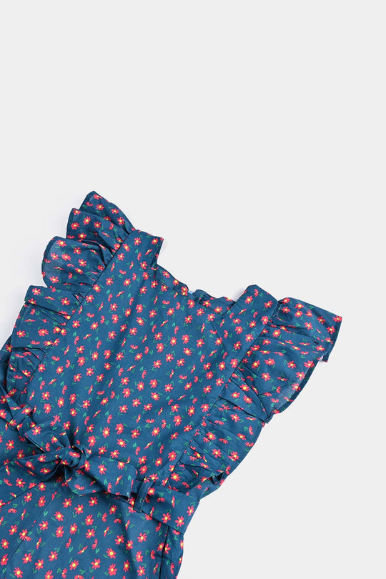 Girls Cotton Poplin Jumpsuit Frill-Multi