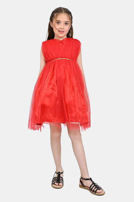 Girls Net Fancy Frock Princess-RED