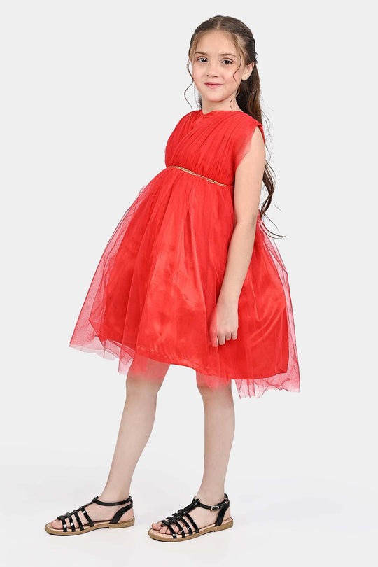 Girls Net Fancy Frock Princess-RED