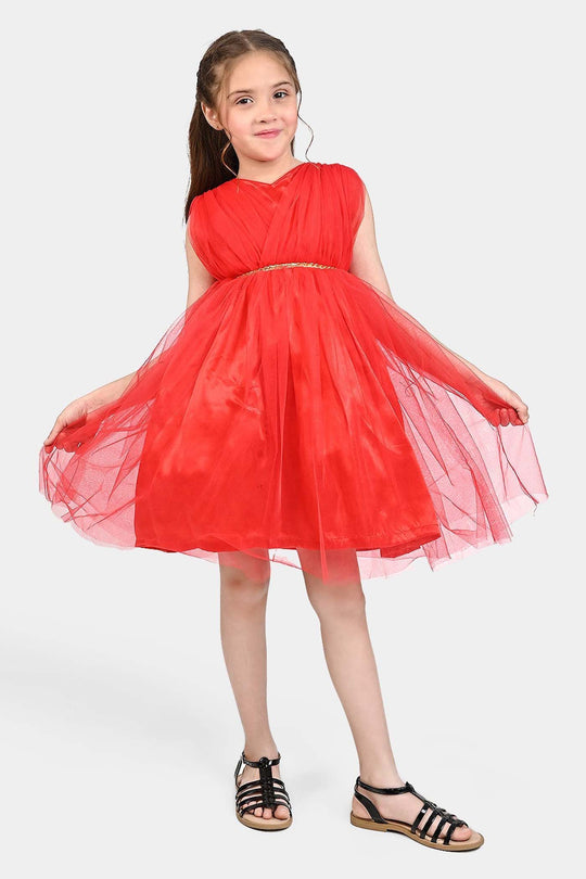 Girls Net Fancy Frock Princess-RED