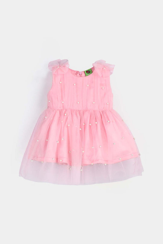Infant Girls Net Frock Pearls-PINK