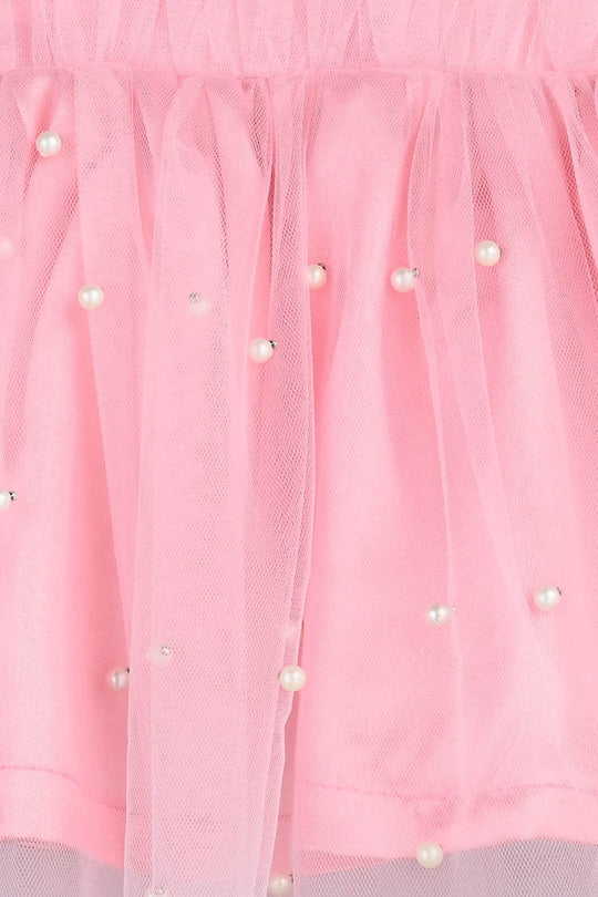 Infant Girls Net Frock Pearls-PINK