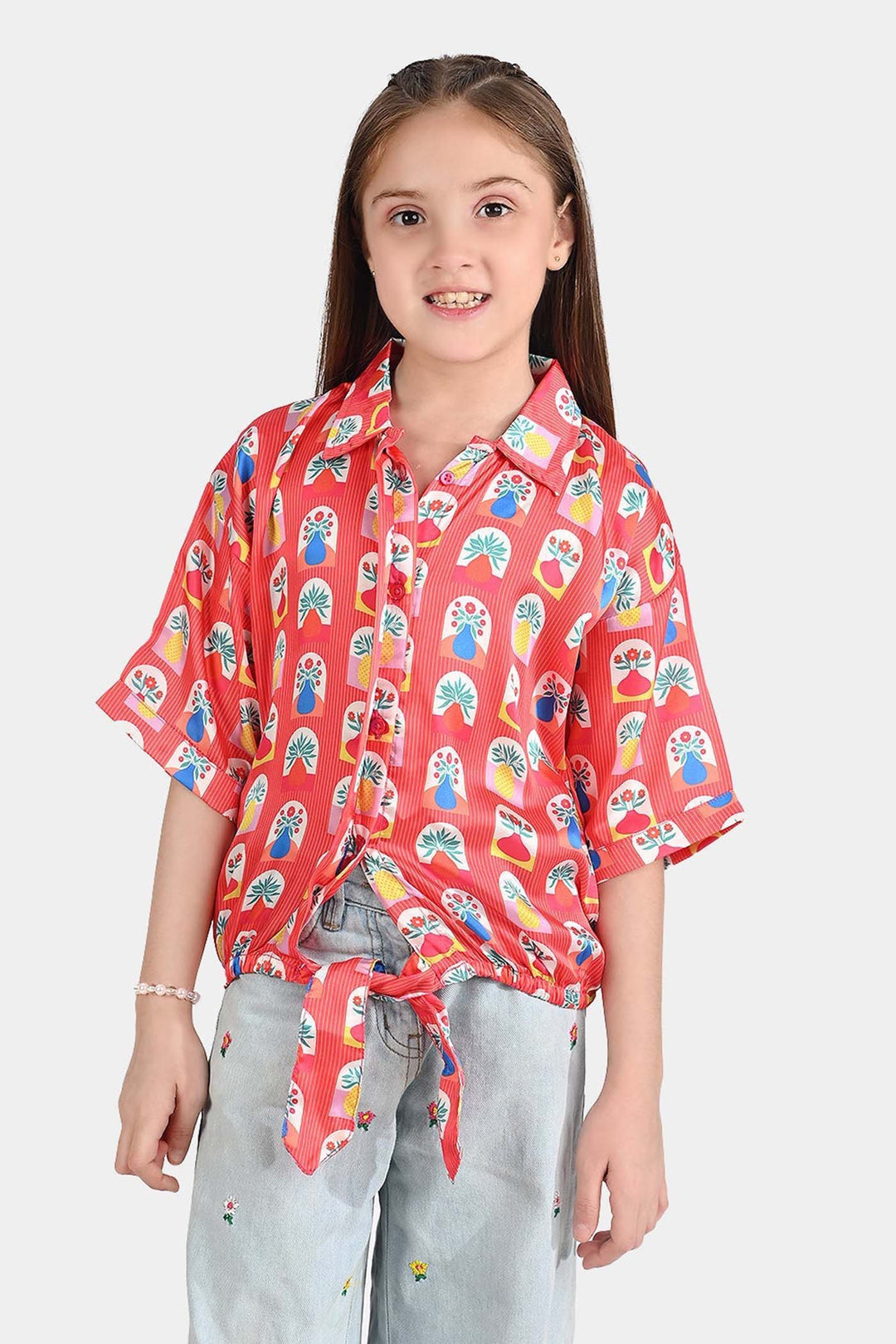 Girls poly cambric Casual Top Red Flora-RED