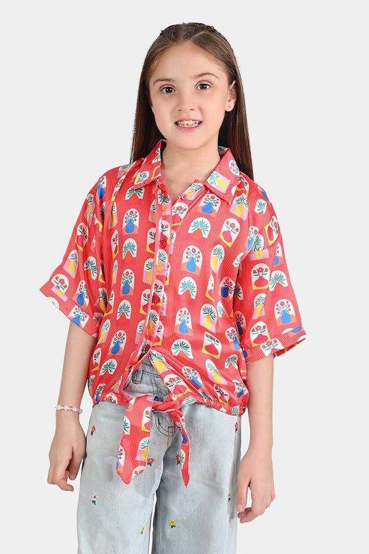 Girls poly cambric Casual Top Red Flora-RED