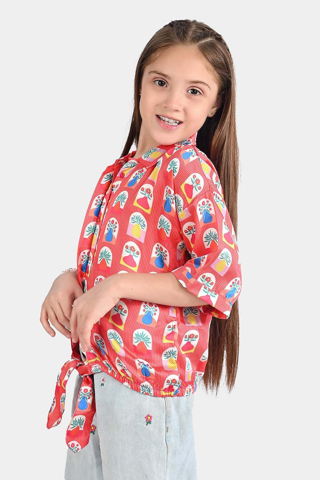 Girls poly cambric Casual Top Red Flora-RED