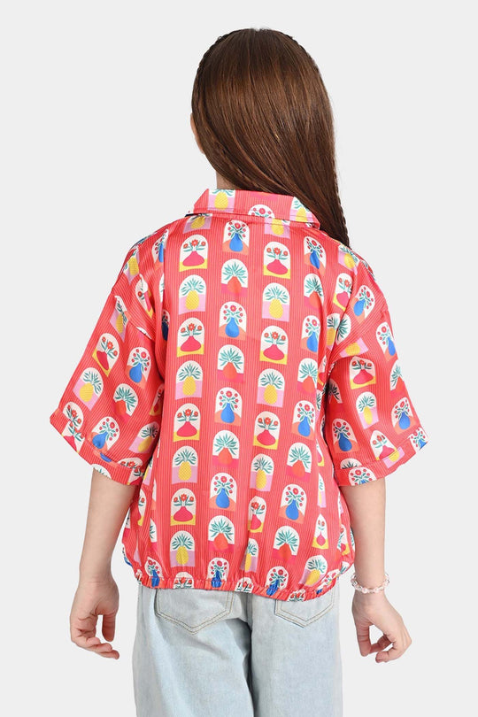 Girls poly cambric Casual Top Red Flora-RED