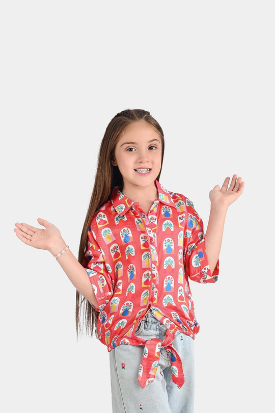 Girls poly cambric Casual Top Red Flora-RED