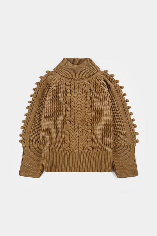 Girls Acrylic Sweater-Pom Pom -Light Brown