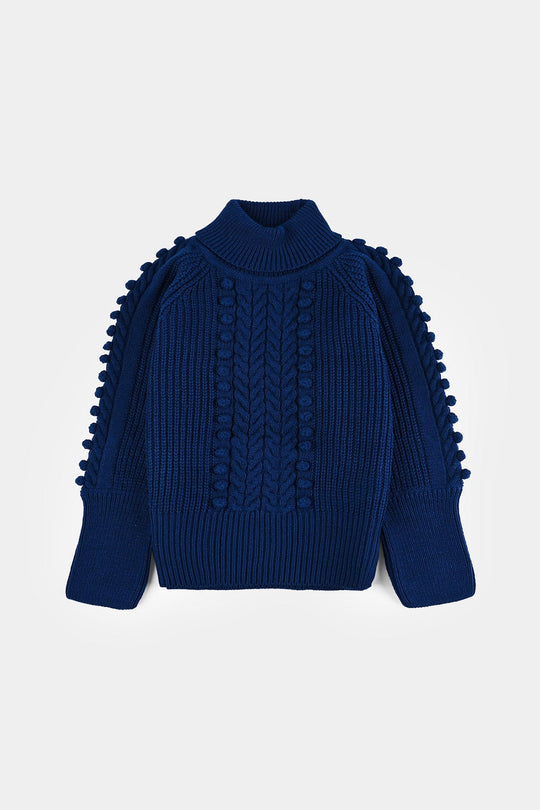 Girls Acrylic Sweater-Pom Pom-Teal.Blue