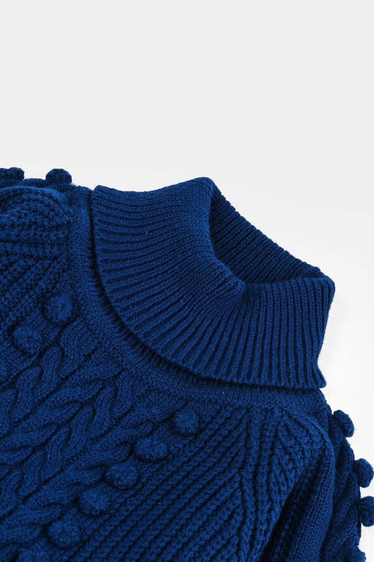 Girls Acrylic Sweater-Pom Pom-Teal.Blue