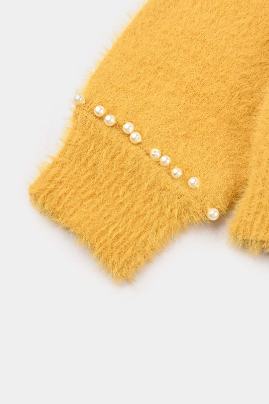 Girls VPN-Acrylic Sweater-Mock Neck Pearls-Lt.Mustard