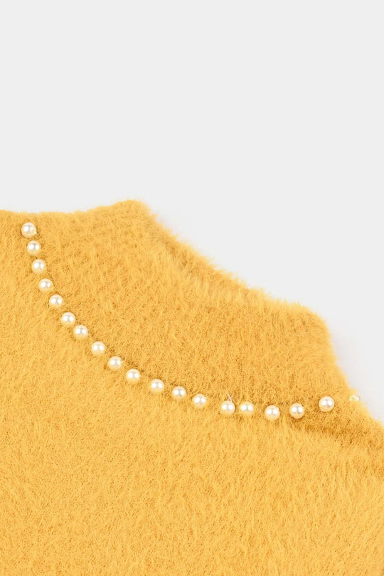Girls VPN-Acrylic Sweater-Mock Neck Pearls-Lt.Mustard