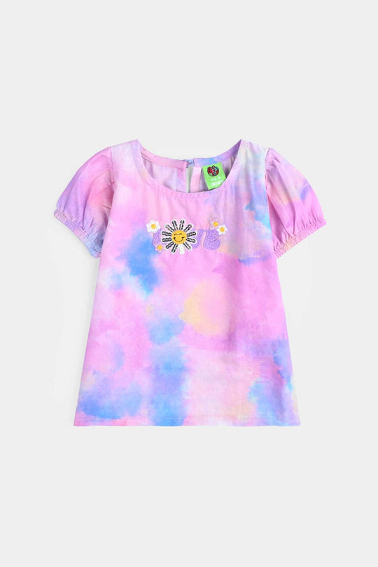 Infant Girls Cotton Poplin Emb Top Puffy Pink-Multi