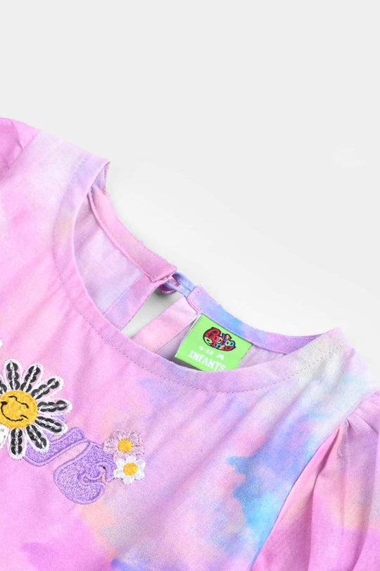 Infant Girls Cotton Poplin Emb Top Puffy Pink-Multi