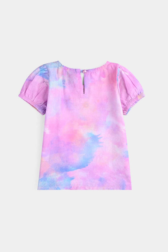 Infant Girls Cotton Poplin Emb Top Puffy Pink-Multi