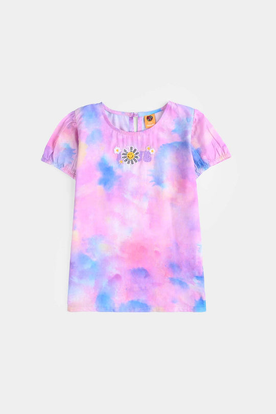 Girls Cotton Poplin Emb Top Puffy Pink-Multi