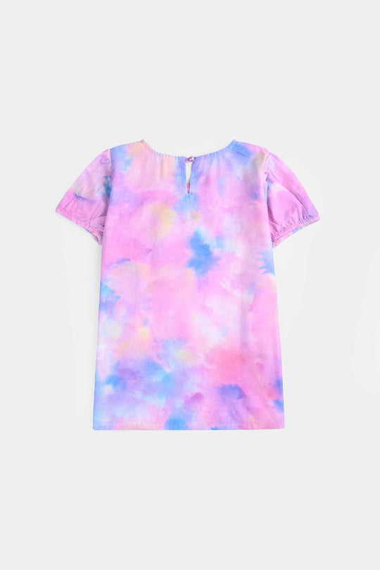 Girls Cotton Poplin Emb Top Puffy Pink-Multi