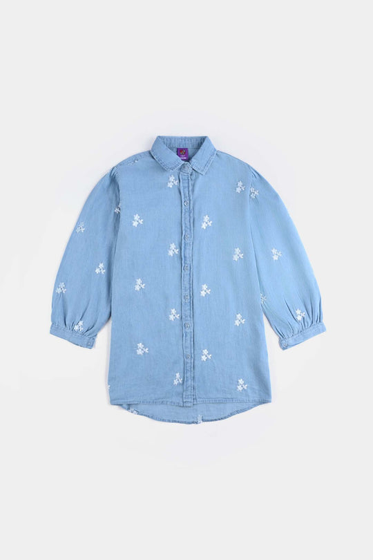 Girls Tensile Denim (Light Denim) Emb Top-Ice Blue