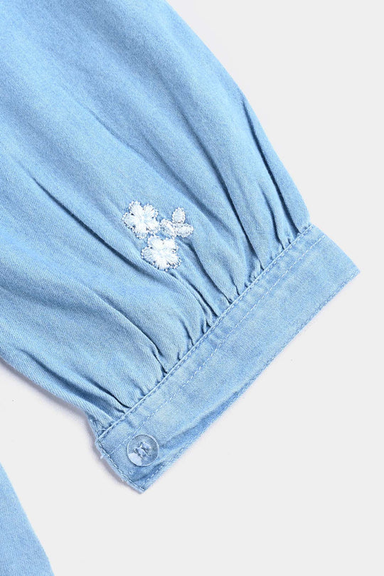 Girls Tensile Denim (Light Denim) Emb Top-Ice Blue