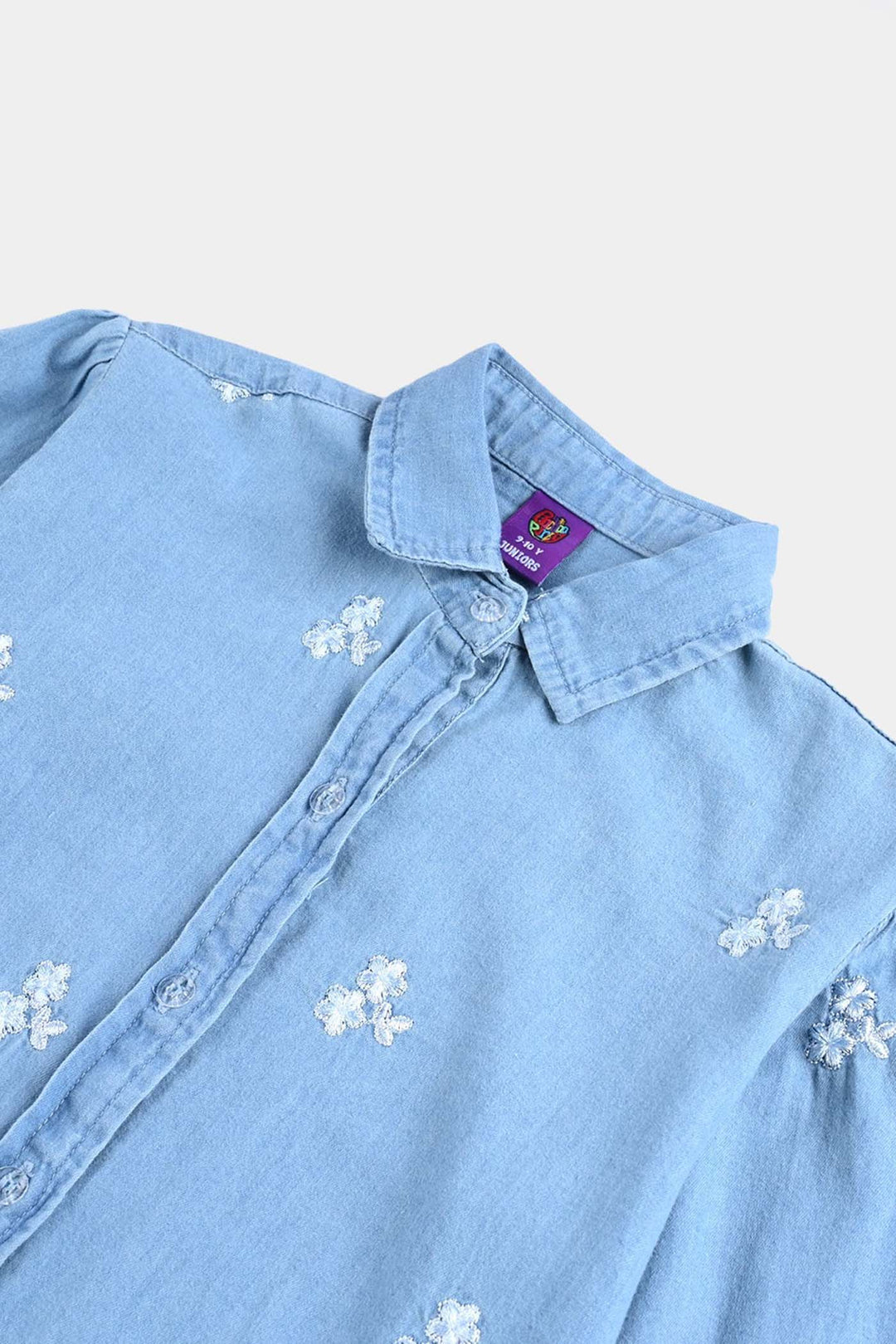 Girls Tensile Denim (Light Denim) Emb Top-Ice Blue