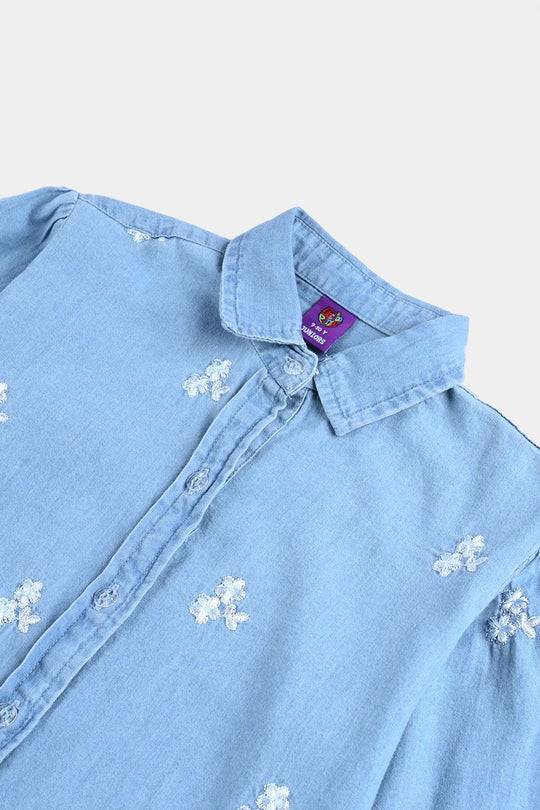Girls Tensile Denim (Light Denim) Emb Top-Ice Blue