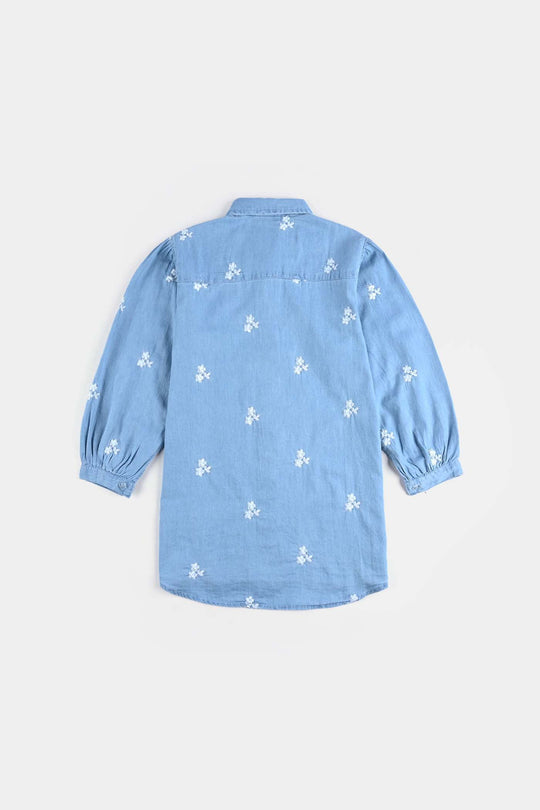 Girls Tensile Denim (Light Denim) Emb Top-Ice Blue