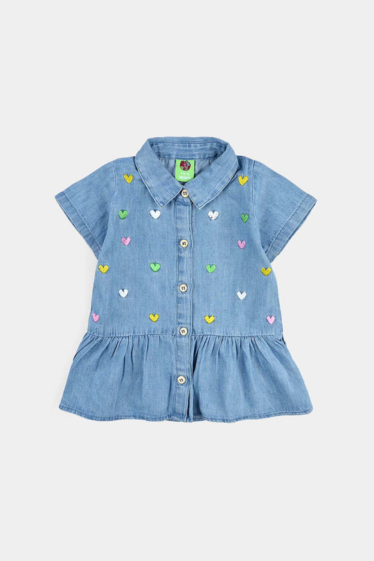 Infant Girls Tensile Denim (Light Denim) Emb Top Hearts-Blue