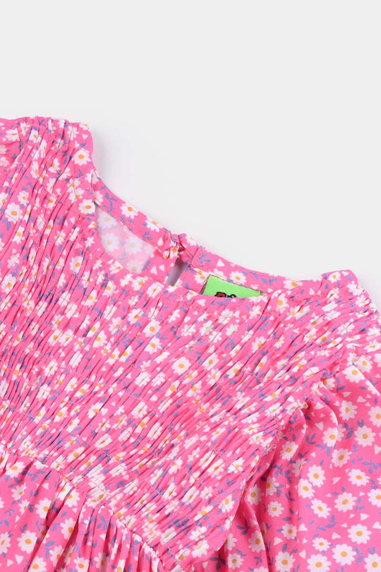Infant Girls Raw Silk Casual Frock-Pink