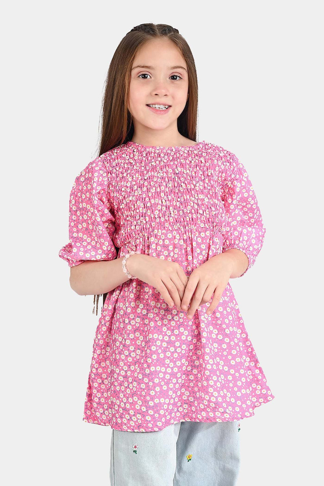 Girls Raw Silk Casual Frock-Pink