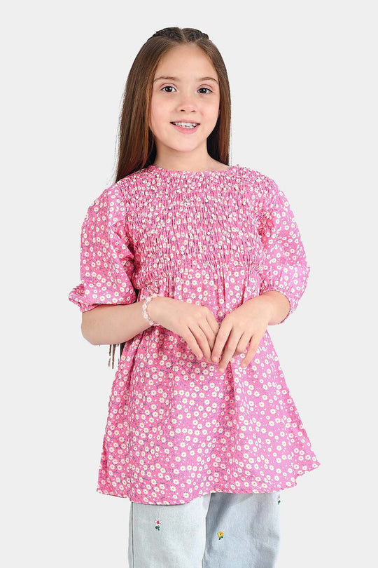 Girls Raw Silk Casual Frock-Pink