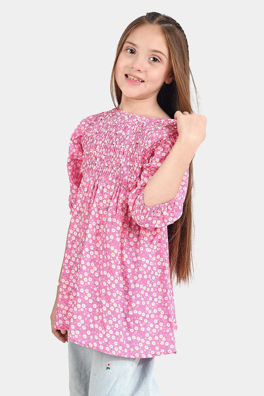 Girls Raw Silk Casual Frock-Pink