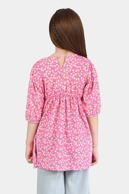 Girls Raw Silk Casual Frock-Pink