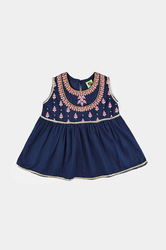 Infant Girls Cotton Slub Emb 2Pcs Raqs-Navy Blue