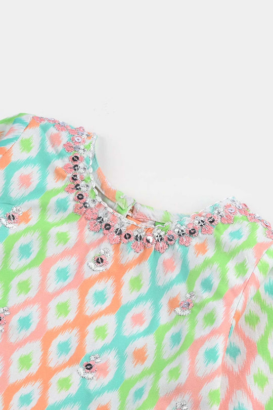 Infant Girls Cotton Poplin Printed & Emb 2 Pcs Pink Zari-Multi