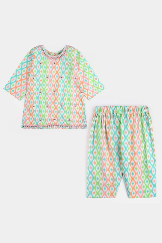 Infant Girls Cotton Poplin Printed & Emb 2 Pcs Pink Zari-Multi