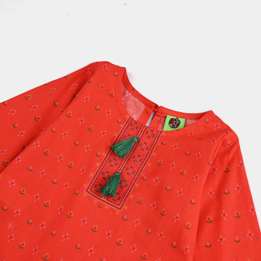 Infant Girls Cotton Poplin Printed 2Pcs Cross Stitch-ORANGE