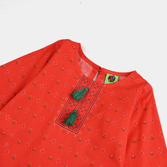 Infant Girls Cotton Poplin Printed 2Pcs Cross Stitch-ORANGE