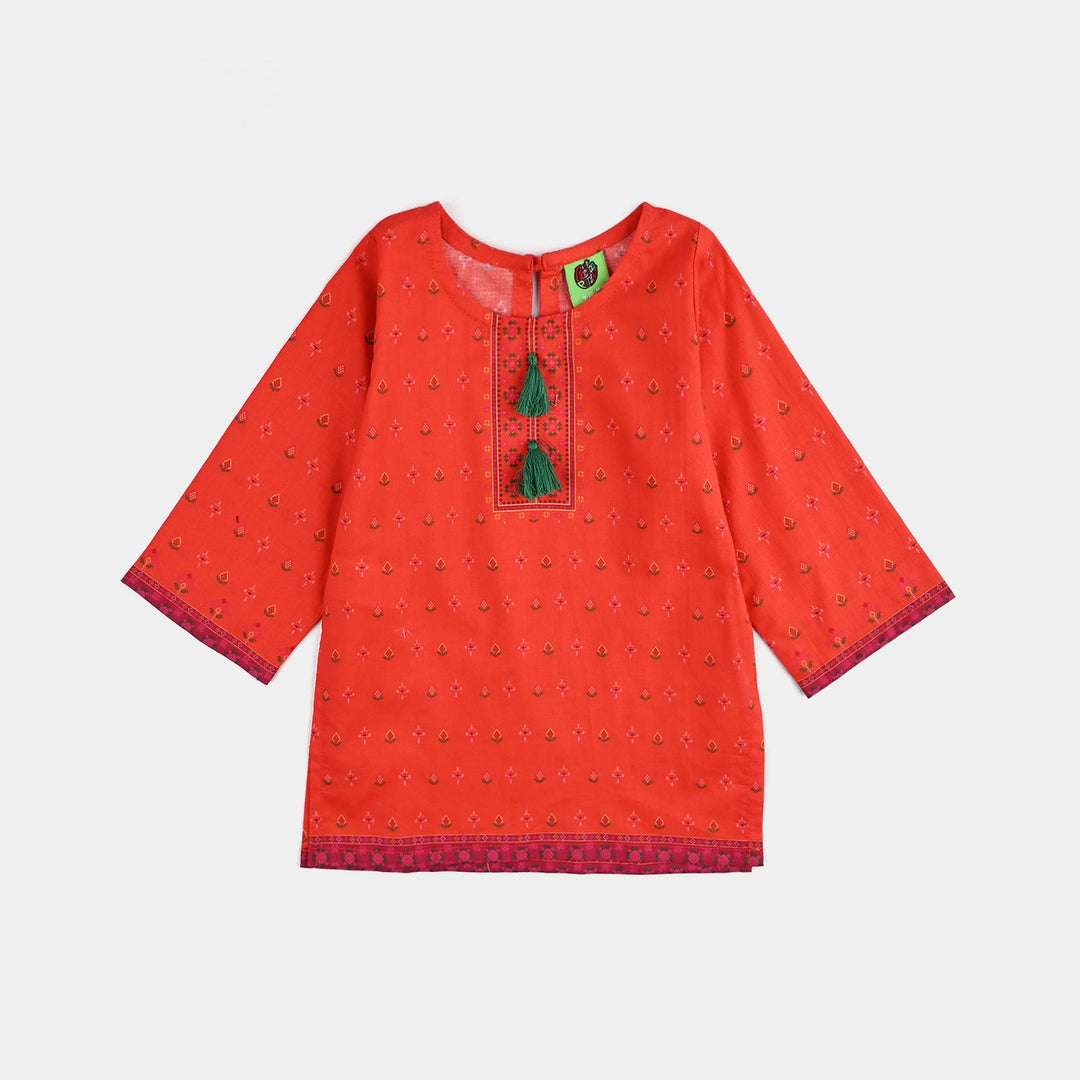 Infant Girls Cotton Poplin Printed 2Pcs Cross Stitch-ORANGE