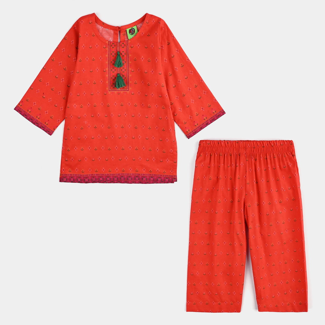 Infant Girls Cotton Poplin Printed 2Pcs Cross Stitch-ORANGE