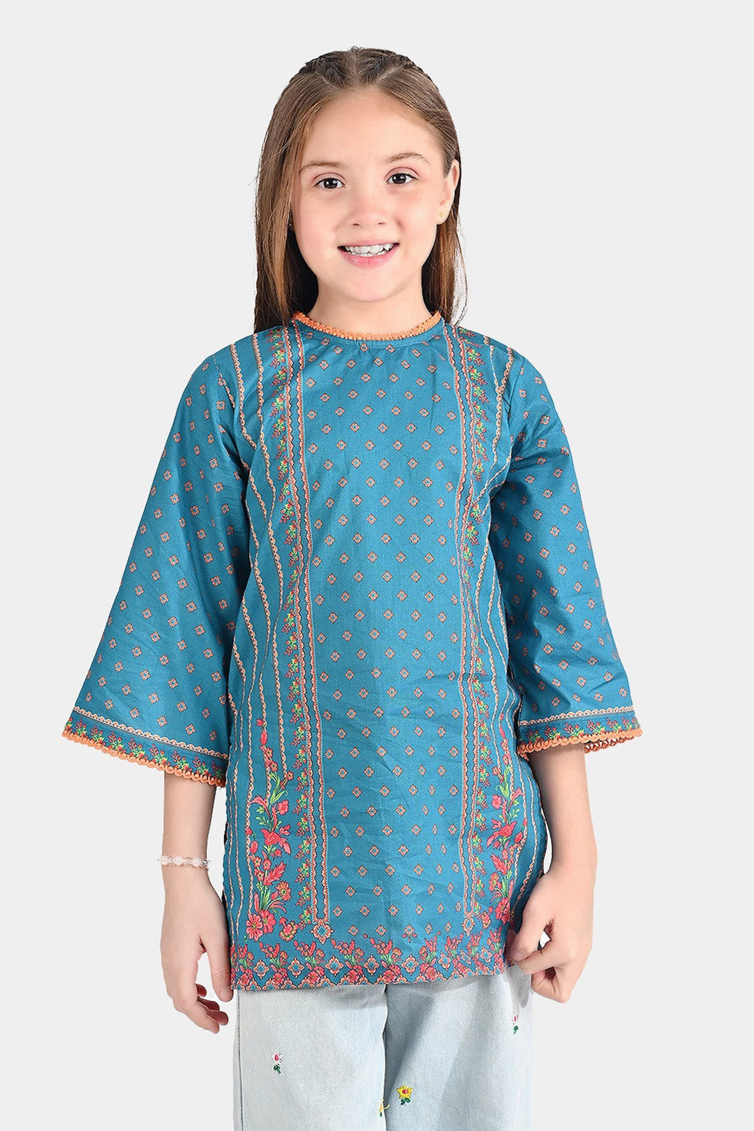 Girls Cotton Poplin Printed Kurti Teal Floral-Blue