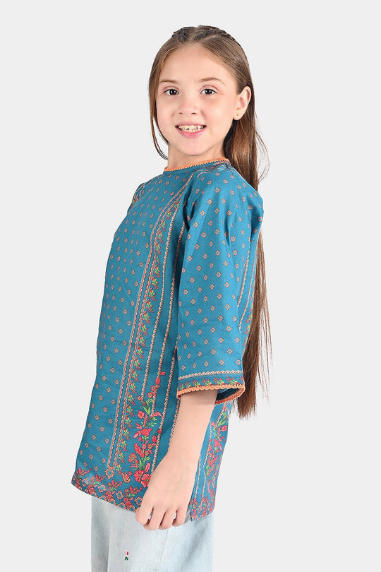 Girls Cotton Poplin Printed Kurti Teal Floral-Blue