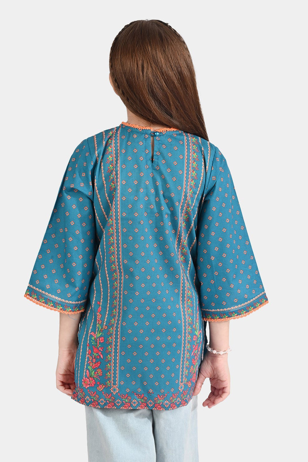 Girls Cotton Poplin Printed Kurti Teal Floral-Blue