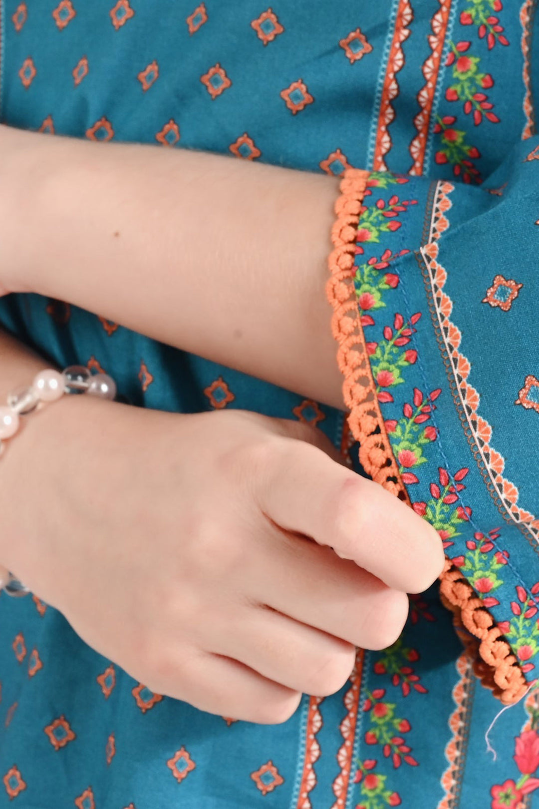 Girls Cotton Poplin Printed Kurti Teal Floral-Blue