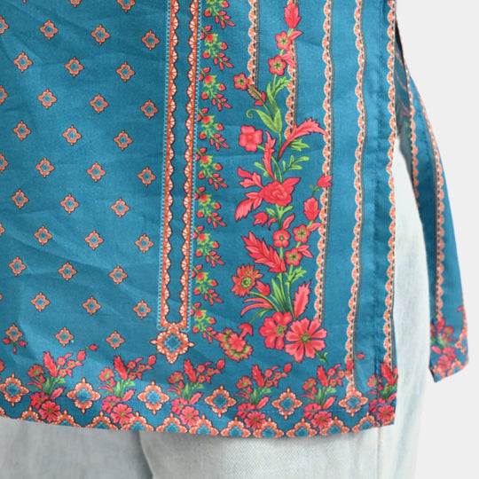 Girls Cotton Poplin Printed Kurti Teal Floral-Blue