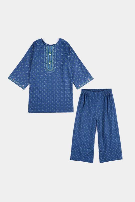 Girls Cotton Poplin Printed 2 Pcs Lotus-Blue