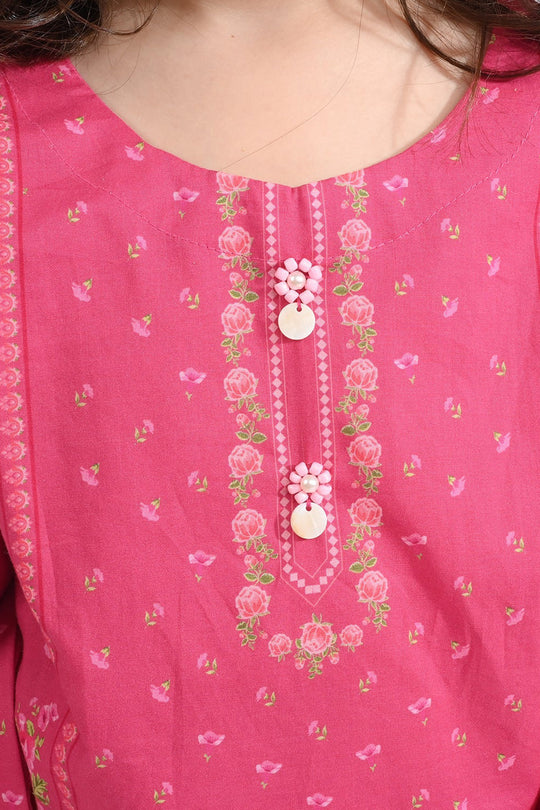 Girls Cotton Poplin Printed 2 Pcs Cross Stitch-Pink