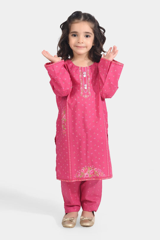 Girls Cotton Poplin Printed 2 Pcs Cross Stitch-Pink