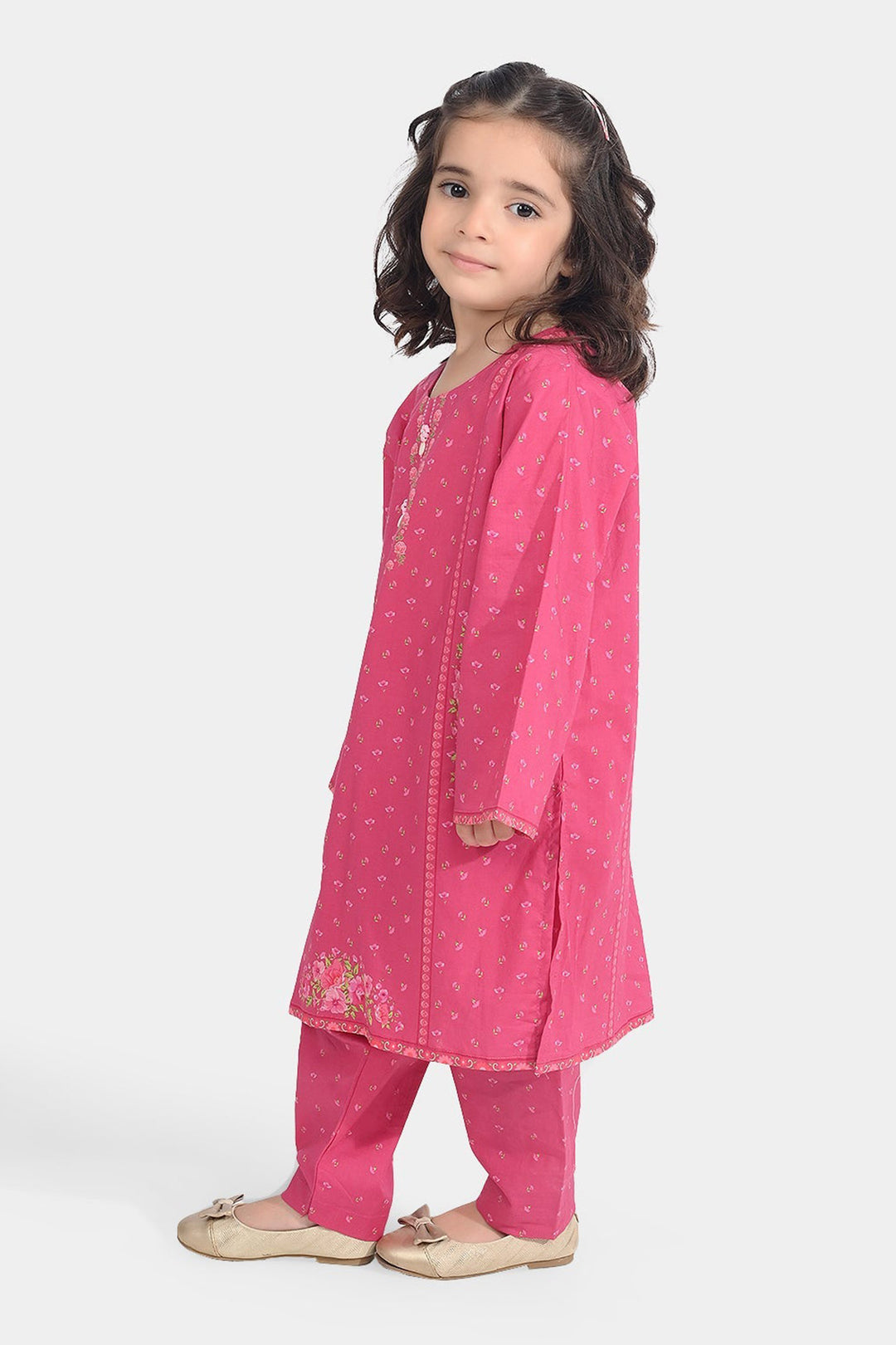 Girls Cotton Poplin Printed 2 Pcs Cross Stitch-Pink